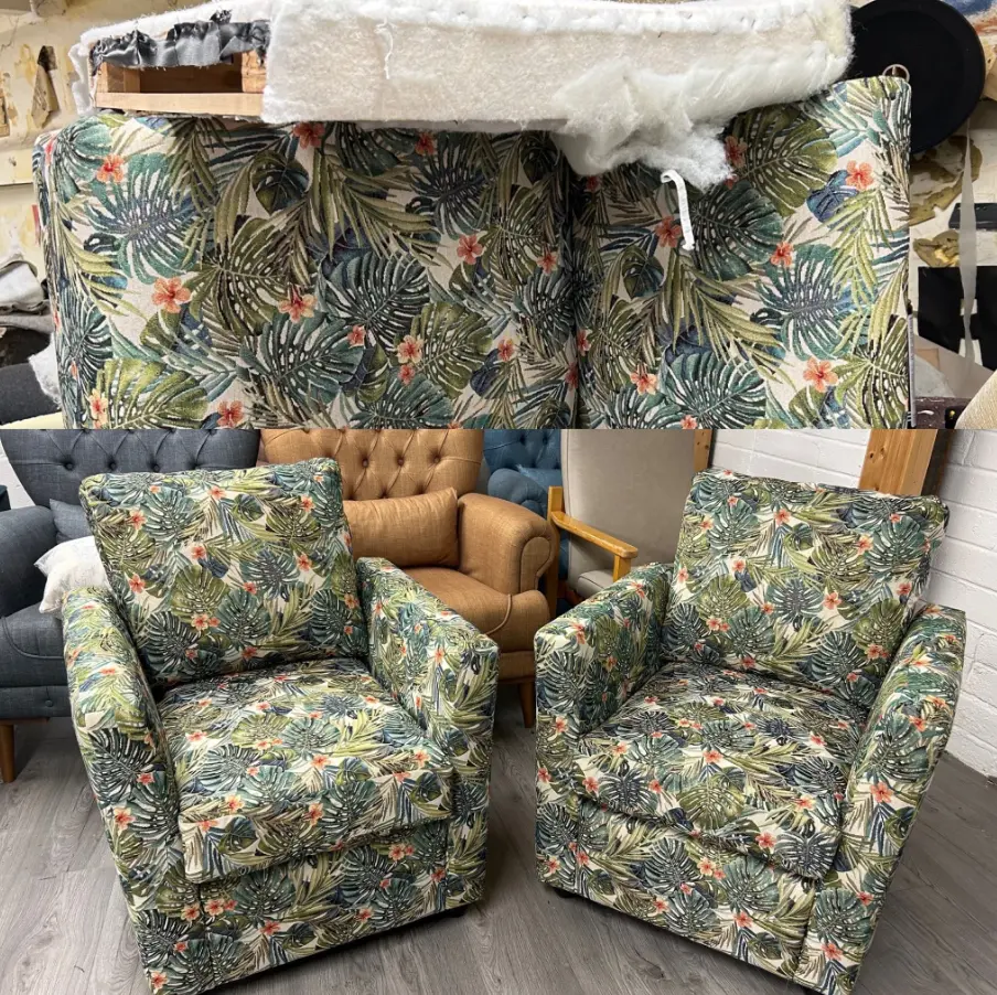 process of reupholsterying two sitting room chairs