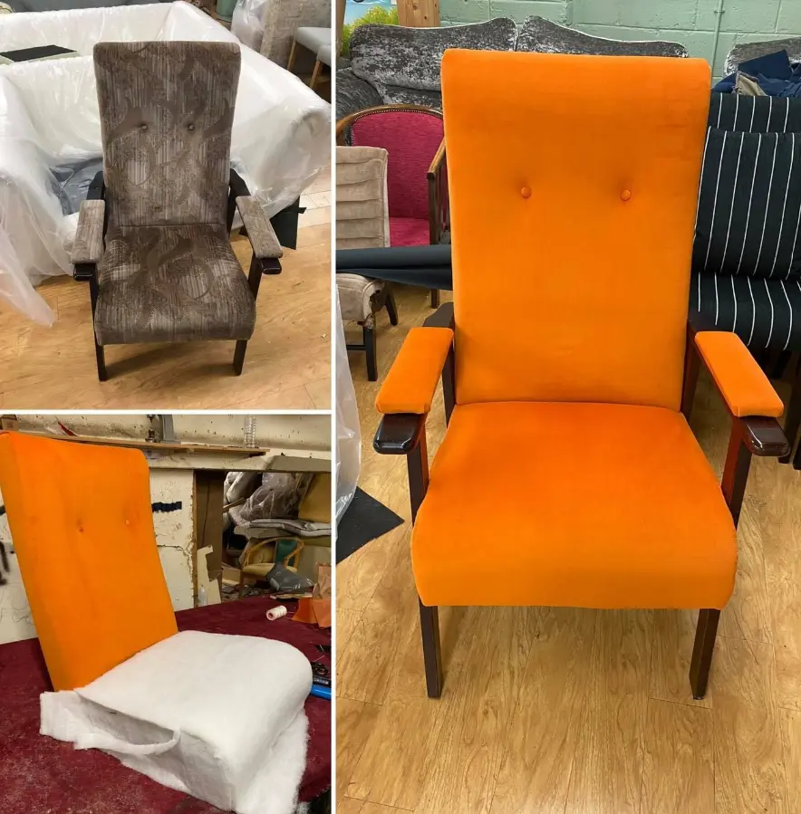 old chair being reupholstered with an orange fabric