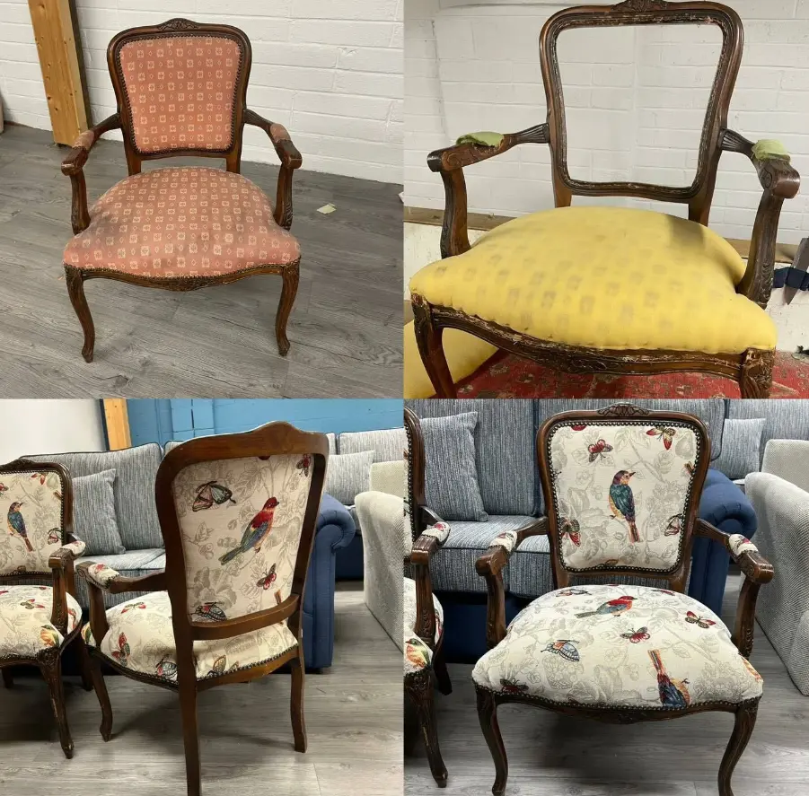 four panels showing a dining chair being upholstered