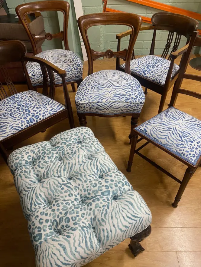 upholstered chairs with a blue leopard print